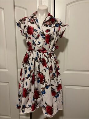 White Midi Shirt Dress with Red Rose and Blue Leaf Print